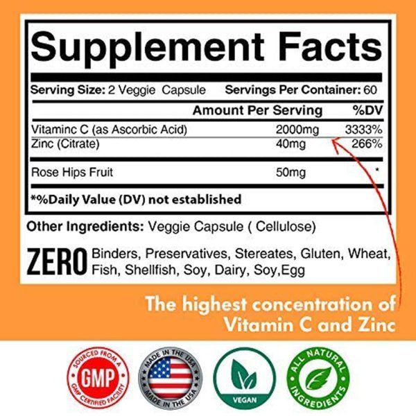 Vitamin C 2000mg with Zinc and Rose Hips Extract american standard 2