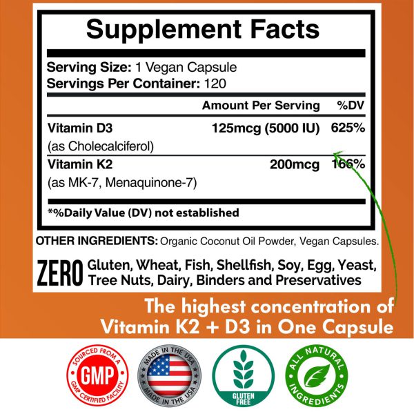 Vitamin D3 5000IU K2 as MK 7 200mcg with Organic Coconut Oil american standard 2