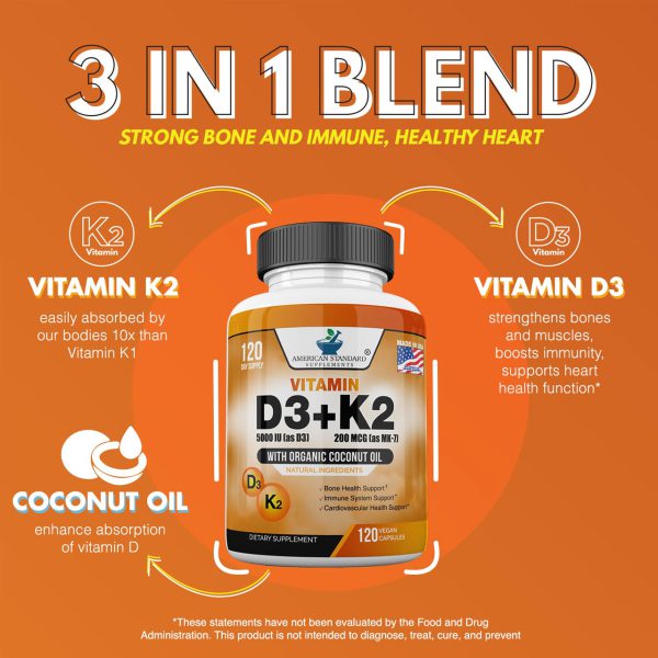 Vitamin D3 5000IU K2 as MK 7 200mcg with Organic Coconut Oil american standard 4