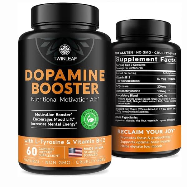 TWINLEAF Dopamine Brain Support Supplement, 1000 mg Blend - Made in USA - with Vitamin B12 and L-Tyrosine - Enhance Mental Well-Being - 60 Capsules مکمل تقویت مغز دوپامین TWINLEAF